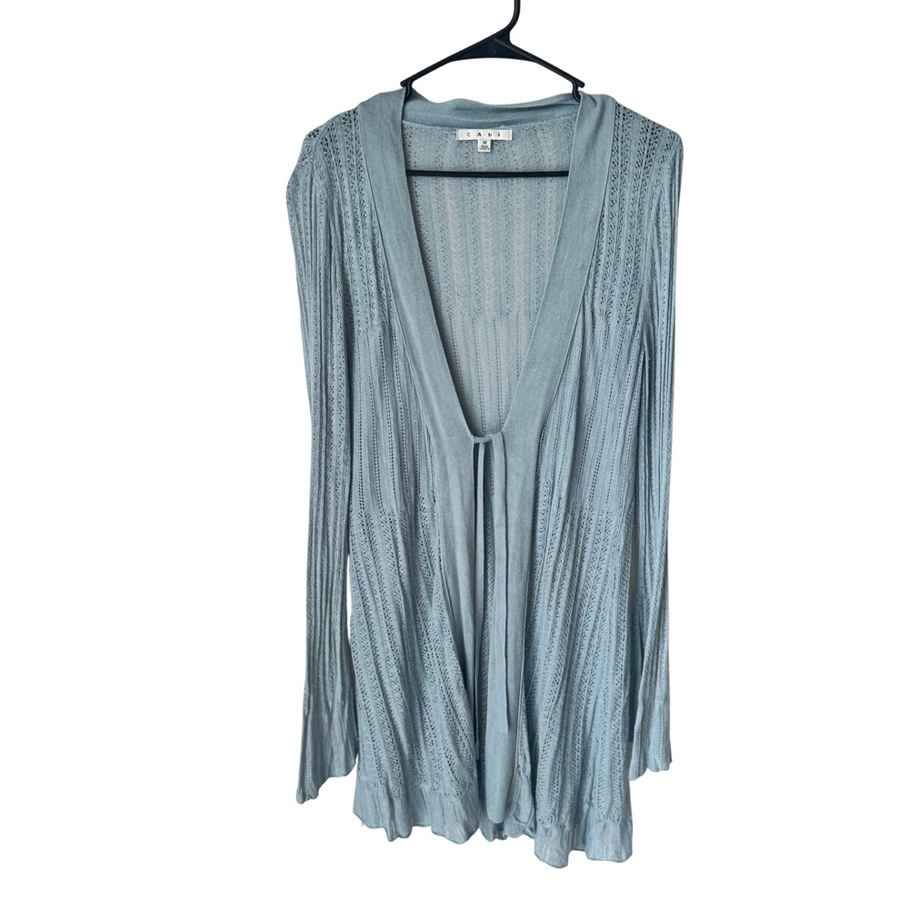 Cabi 813 Blue Pointelle Knit Tie Front Cardigan Sweater Size M Long Sleeve Sheer